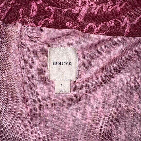 Maeve Off-The-Shoulder Ruched Mesh Script Top Burgundy Pink XL Anthropologie - Picture 7 of 11